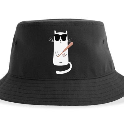 Funny Cat Wearing Sunglasses Playing Baseball Sustainable Bucket Hat