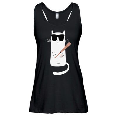 Funny Cat Wearing Sunglasses Playing Baseball Ladies Essential Flowy Tank