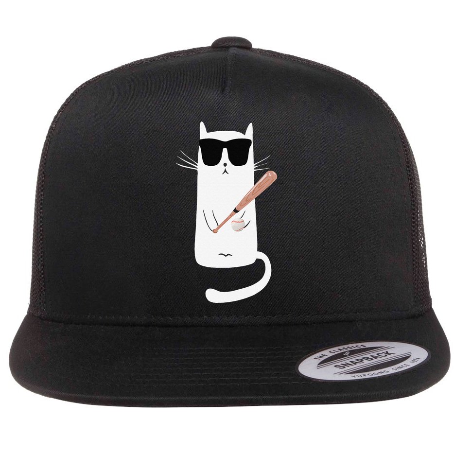 Funny Cat Wearing Sunglasses Playing Baseball Flat Bill Trucker Hat