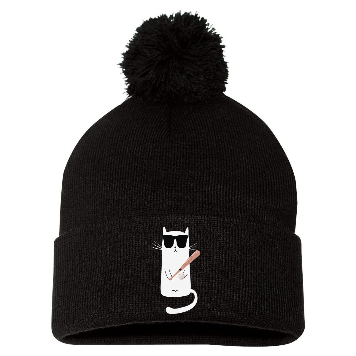 Funny Cat Wearing Sunglasses Playing Baseball Pom Pom 12in Knit Beanie