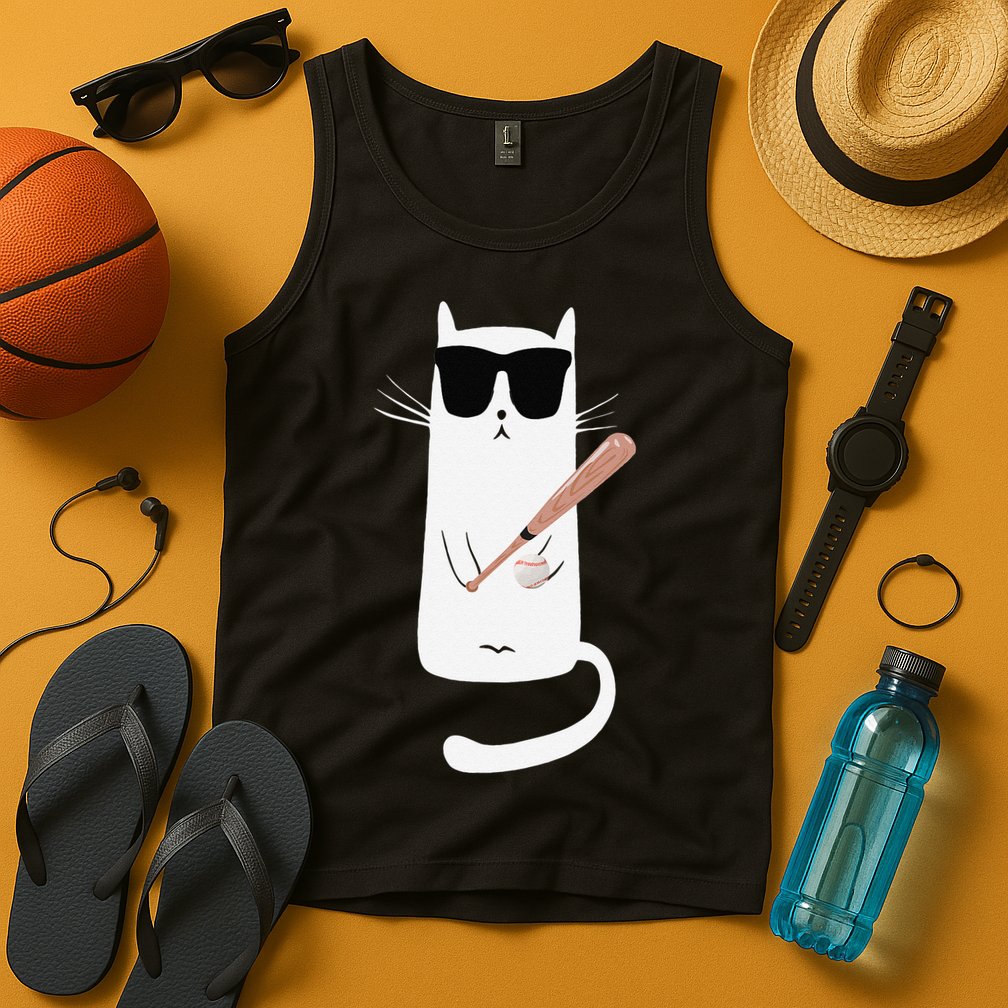 Funny Cat Wearing Sunglasses Playing Baseball Tank Top