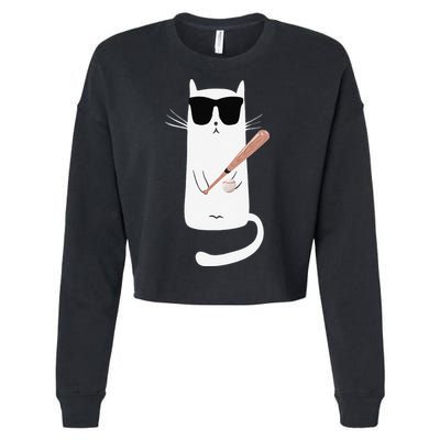 Funny Cat Wearing Sunglasses Playing Baseball Cropped Pullover Crew