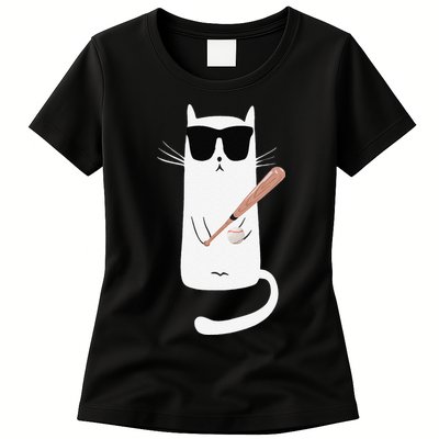 Funny Cat Wearing Sunglasses Playing Baseball Womens T-Shirt