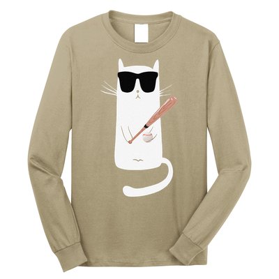 Funny Cat Wearing Sunglasses Playing Baseball Long Sleeve Shirt