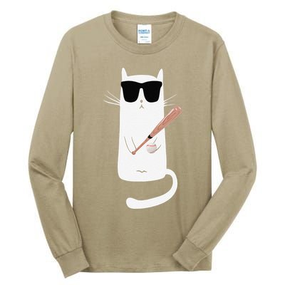 Funny Cat Wearing Sunglasses Playing Baseball Tall Long Sleeve T-Shirt