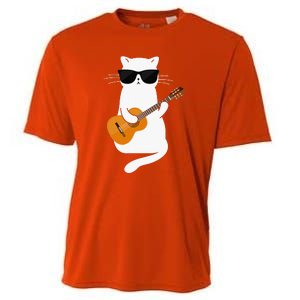 Funny Cat Wearing Sunglasses Playing Electric Guitar Cooling Performance Crew T-Shirt