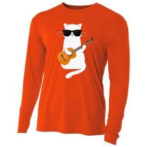 Funny Cat Wearing Sunglasses Playing Electric Guitar Cooling Performance Long Sleeve Crew