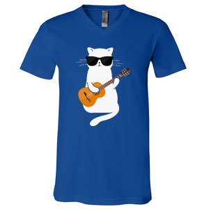 Funny Cat Wearing Sunglasses Playing Electric Guitar V-Neck T-Shirt