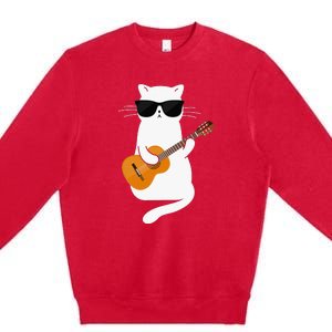 Funny Cat Wearing Sunglasses Playing Electric Guitar Premium Crewneck Sweatshirt