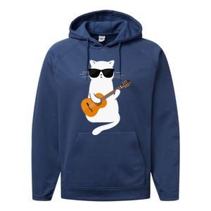 Funny Cat Wearing Sunglasses Playing Electric Guitar Performance Fleece Hoodie