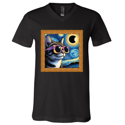 Funny Cat Wearing Solar Eclipse Glasses V-Neck T-Shirt