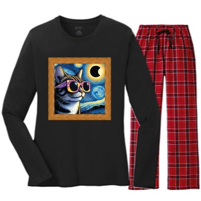 Funny Cat Wearing Solar Eclipse Glasses Women's Long Sleeve Flannel Pajama Set 