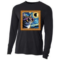 Funny Cat Wearing Solar Eclipse Glasses Cooling Performance Long Sleeve Crew