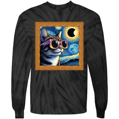 Funny Cat Wearing Solar Eclipse Glasses Tie-Dye Long Sleeve Shirt