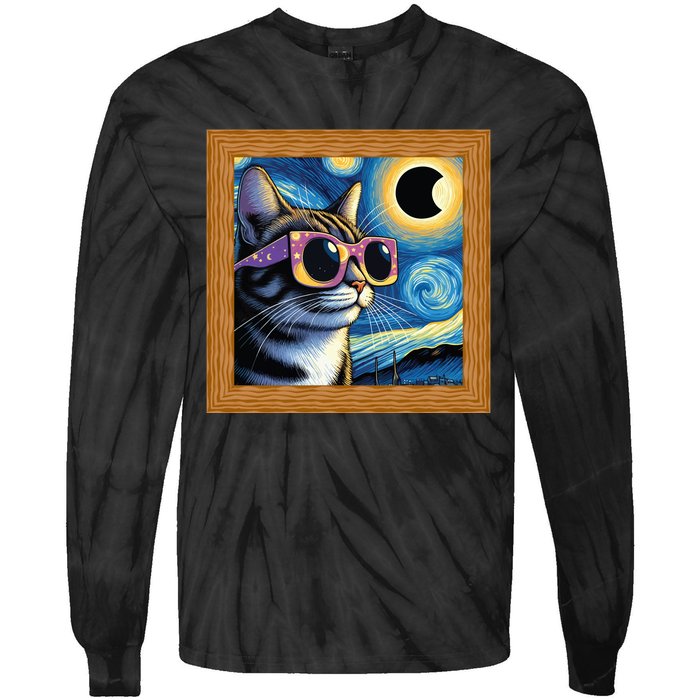 Funny Cat Wearing Solar Eclipse Glasses Tie-Dye Long Sleeve Shirt