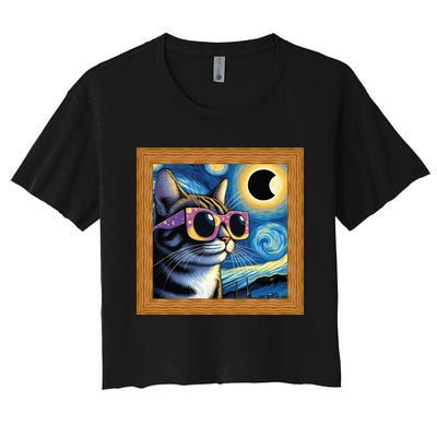 Funny Cat Wearing Solar Eclipse Glasses Women's Crop Top Tee