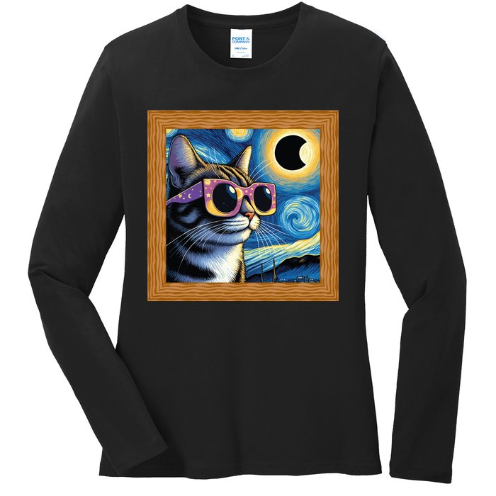 Funny Cat Wearing Solar Eclipse Glasses Ladies Long Sleeve Shirt