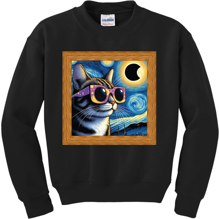 Funny Cat Wearing Solar Eclipse Glasses Kids Sweatshirt