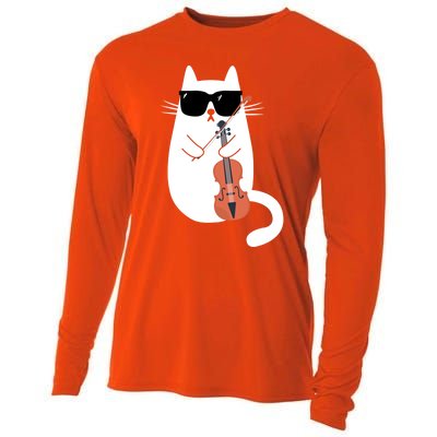 Funny Cat Wearing Sunglasses Playing Violin Viola Musician Gift Cooling Performance Long Sleeve Crew