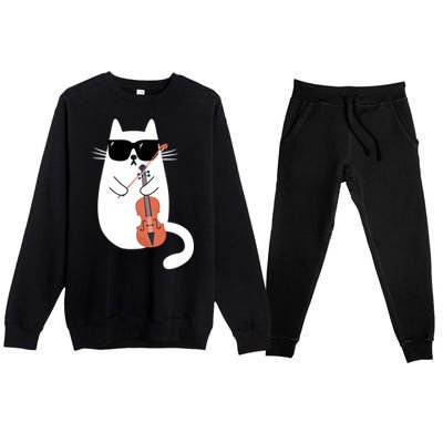 Funny Cat Wearing Sunglasses Playing Violin Viola Musician Gift Premium Crewneck Sweatsuit Set