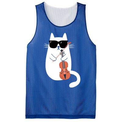 Funny Cat Wearing Sunglasses Playing Violin Viola Musician Gift Mesh Reversible Basketball Jersey Tank