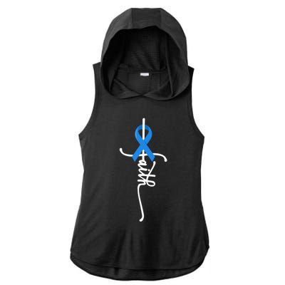 Faith Cross Warrior Survivor Blue Ribbon Colon Cancer Gift Ladies PosiCharge Tri-Blend Wicking Draft Hoodie Tank