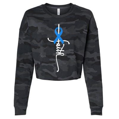 Faith Cross Warrior Survivor Blue Ribbon Colon Cancer Gift Cropped Pullover Crew