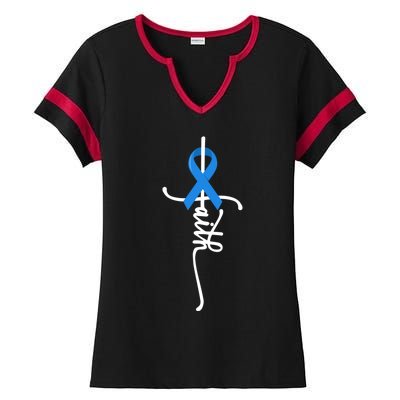 Faith Cross Warrior Survivor Blue Ribbon Colon Cancer Gift Ladies Halftime Notch Neck Tee