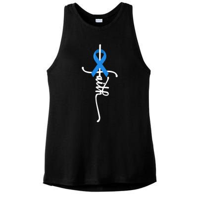 Faith Cross Warrior Survivor Blue Ribbon Colon Cancer Gift Ladies PosiCharge Tri-Blend Wicking Tank