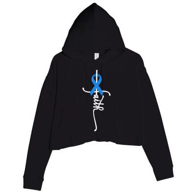 Faith Cross Warrior Survivor Blue Ribbon Colon Cancer Gift Crop Fleece Hoodie