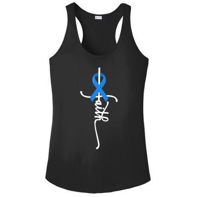 Faith Cross Warrior Survivor Blue Ribbon Colon Cancer Gift Ladies PosiCharge Competitor Racerback Tank