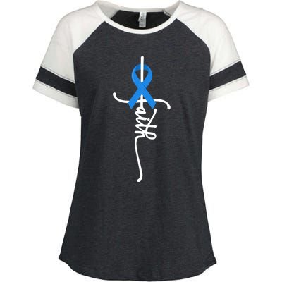 Faith Cross Warrior Survivor Blue Ribbon Colon Cancer Gift Enza Ladies Jersey Colorblock Tee