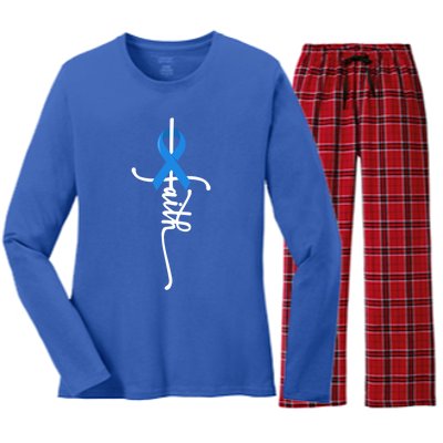 Faith Cross Warrior Survivor Blue Ribbon Colon Cancer Gift Women's Long Sleeve Flannel Pajama Set 