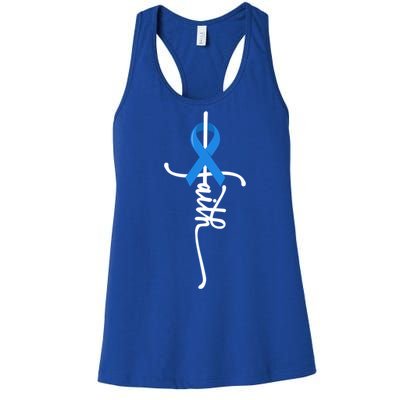 Faith Cross Warrior Survivor Blue Ribbon Colon Cancer Gift Women's Racerback Tank