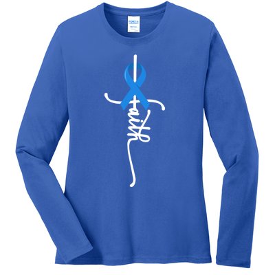 Faith Cross Warrior Survivor Blue Ribbon Colon Cancer Gift Ladies Long Sleeve Shirt