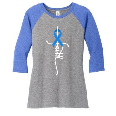 Faith Cross Warrior Survivor Blue Ribbon Colon Cancer Gift Women's Tri-Blend 3/4-Sleeve Raglan Shirt