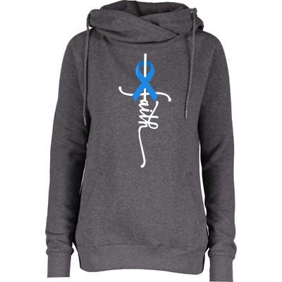 Faith Cross Warrior Survivor Blue Ribbon Colon Cancer Gift Womens Funnel Neck Pullover Hood