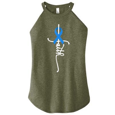 Faith Cross Warrior Survivor Blue Ribbon Colon Cancer Gift Women's Perfect Tri Rocker Tank