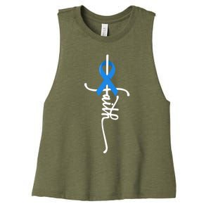 Faith Cross Warrior Survivor Blue Ribbon Colon Cancer Gift Women's Racerback Cropped Tank