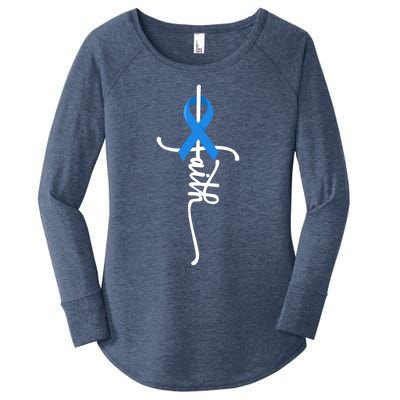 Faith Cross Warrior Survivor Blue Ribbon Colon Cancer Gift Women's Perfect Tri Tunic Long Sleeve Shirt