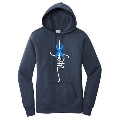 Faith Cross Warrior Survivor Blue Ribbon Colon Cancer Gift Women's Pullover Hoodie