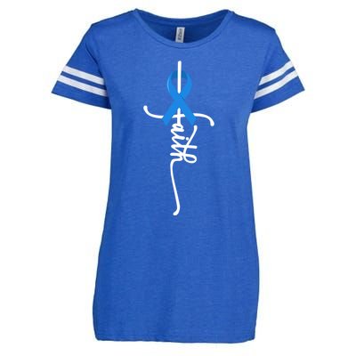 Faith Cross Warrior Survivor Blue Ribbon Colon Cancer Gift Enza Ladies Jersey Football T-Shirt