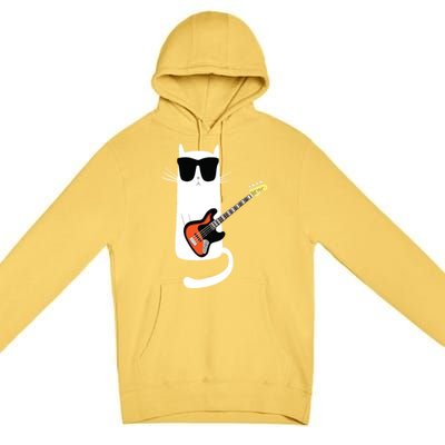 Funny Cat Wearing Sunglasses Playing Bass Guitar Premium Pullover Hoodie