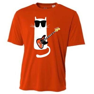 Funny Cat Wearing Sunglasses Playing Bass Guitar Cooling Performance Crew T-Shirt