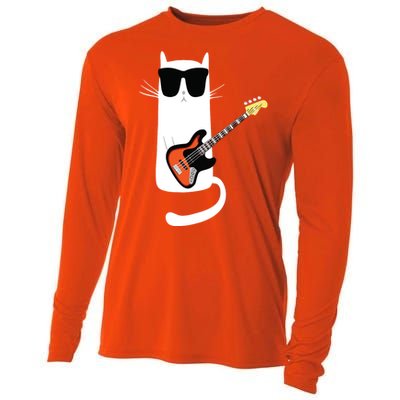 Funny Cat Wearing Sunglasses Playing Bass Guitar Cooling Performance Long Sleeve Crew