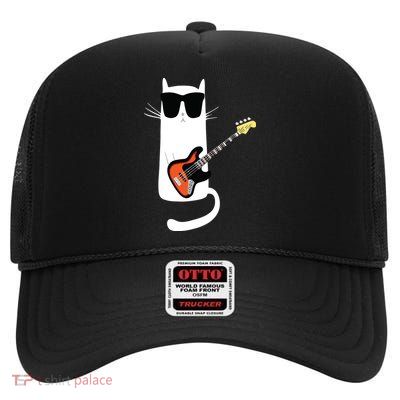 Funny Cat Wearing Sunglasses Playing Bass Guitar High Crown Mesh Back Trucker Hat