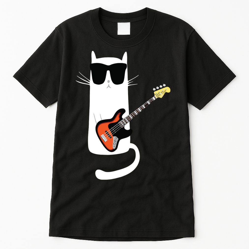 Funny Cat Wearing Sunglasses Playing Bass Guitar Tall T-Shirt