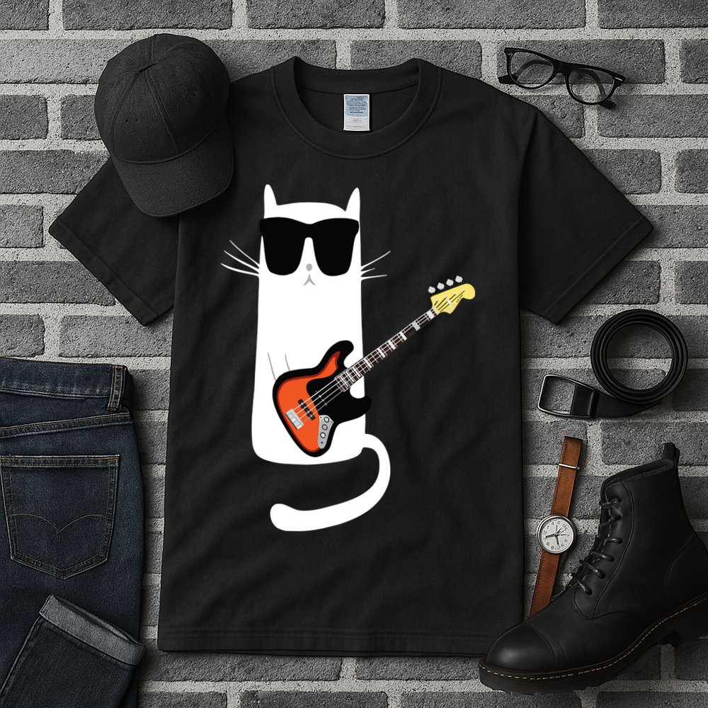 Funny Cat Wearing Sunglasses Playing Bass Guitar Tall T-Shirt