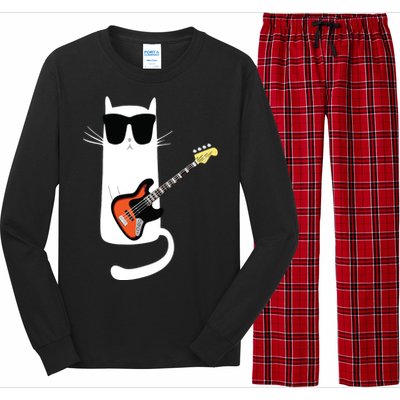 Funny Cat Wearing Sunglasses Playing Bass Guitar Long Sleeve Pajama Set