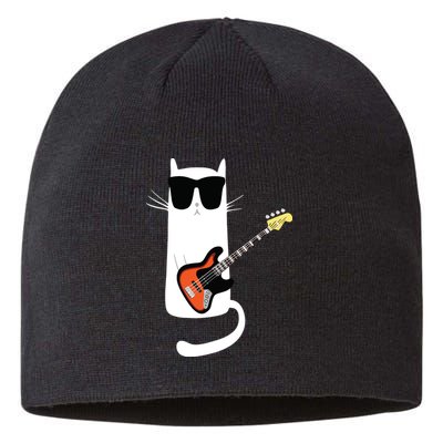 Funny Cat Wearing Sunglasses Playing Bass Guitar Sustainable Beanie